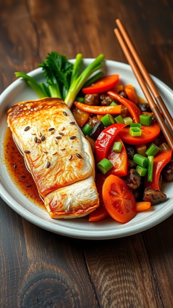 Pan-seared sea bass fillets with colorful vegetable stir-fry, garnished with sesame seeds and green onions on a rustic table.